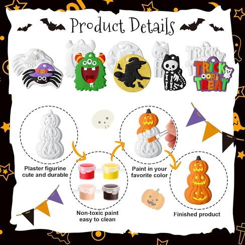 شوهدت 24 مجموعة من أدوات الطلاء DIY Halloween ترسم السيراميك الخاص بك Gumpkin Ghost التماثيل الجص غير مصممة الفنون والحرف مع الفرشاة ، حبل للأطفال هدايا هالوين ديكور (Kawaii) in Saudi Arabia