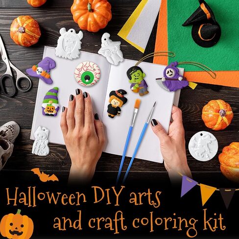 شوهدت 24 مجموعة من أدوات الطلاء DIY Halloween ترسم السيراميك الخاص بك Gumpkin Ghost التماثيل الجص غير مصممة الفنون والحرف مع الفرشاة ، حبل للأطفال هدايا هالوين ديكور (Kawaii) in Saudi Arabia