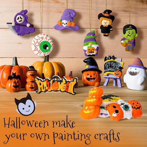 شوهدت 24 مجموعة من أدوات الطلاء DIY Halloween ترسم السيراميك الخاص بك Gumpkin Ghost التماثيل الجص غير مصممة الفنون والحرف مع الفرشاة ، حبل للأطفال هدايا هالوين ديكور (Kawaii) in Saudi Arabia