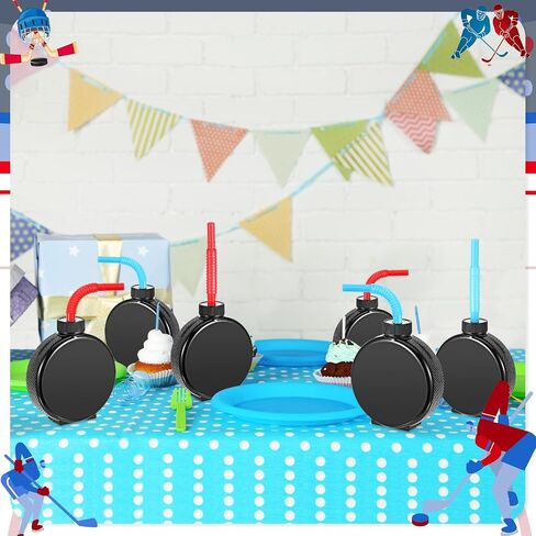 Amyhill 12 PCS هوكي أكواب الهوكي مع الأغطية والقش 8.5 أوقية بلاستيك بلاستيك بلاستي بلاستي باك شرب الزجاجات بشكل كبير الرياضة لوازم الحفلات للأطفال in Saudi Arabia