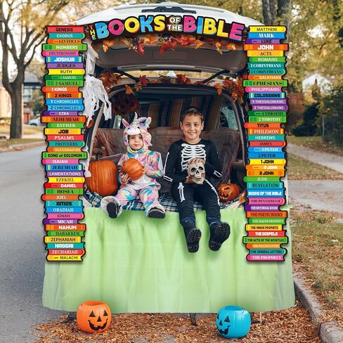 epakh 4 pcs trunk alloween or treate decorations books of the bible car car تشمل 3 ملصقات للكتاب المقدس من الورق المقوى وتنورة الطاولة ، خلفية سيارة الهالوين ، ديكور باب المرآب ، لوازم الحفلات المسيحية in Saudi Arabia