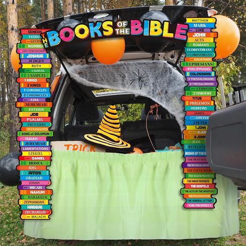 epakh 4 pcs trunk alloween or treate decorations books of the bible car car تشمل 3 ملصقات للكتاب المقدس من الورق المقوى وتنورة الطاولة ، خلفية سيارة الهالوين ، ديكور باب المرآب ، لوازم الحفلات المسيحية in Saudi Arabia