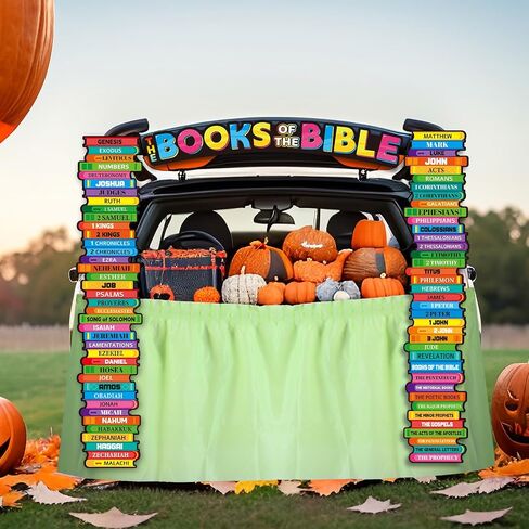 epakh 4 pcs trunk alloween or treate decorations books of the bible car car تشمل 3 ملصقات للكتاب المقدس من الورق المقوى وتنورة الطاولة ، خلفية سيارة الهالوين ، ديكور باب المرآب ، لوازم الحفلات المسيحية in Saudi Arabia