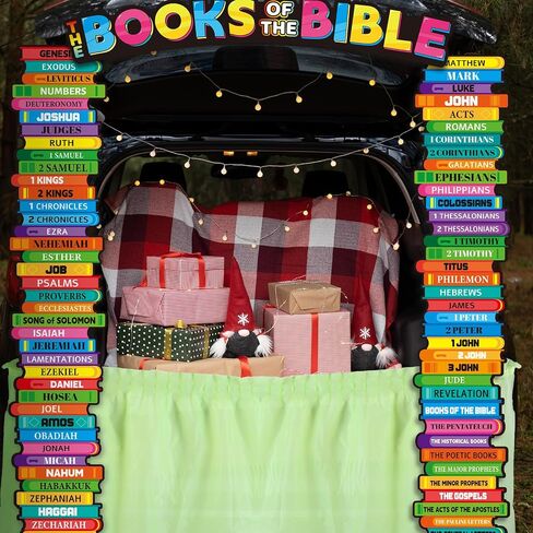 epakh 4 pcs trunk alloween or treate decorations books of the bible car car تشمل 3 ملصقات للكتاب المقدس من الورق المقوى وتنورة الطاولة ، خلفية سيارة الهالوين ، ديكور باب المرآب ، لوازم الحفلات المسيحية in Saudi Arabia