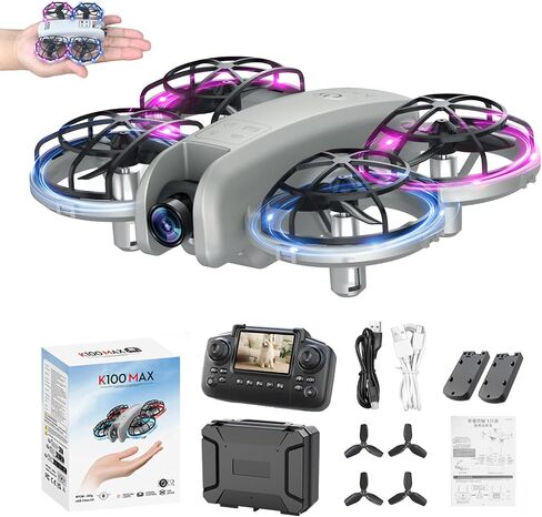 K100max Mini Drones مع الكاميرا للأطفال والمسجلين ، طائرة مروحية صغيرة داخلية كوادكوبتر مع وحدة تحكم عن بُعد على الشاشة ، لعبة هدية للبنين والبنات ، وضع مقطوع الرأس ، بطاريتين (رمادي) in Kuwait
