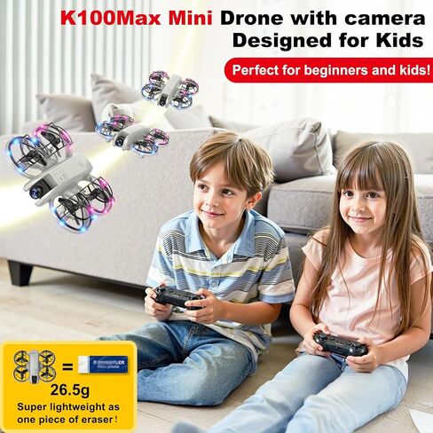 K100max Mini Drones مع الكاميرا للأطفال والمسجلين ، طائرة مروحية صغيرة داخلية كوادكوبتر مع وحدة تحكم عن بُعد على الشاشة ، لعبة هدية للبنين والبنات ، وضع مقطوع الرأس ، بطاريتين (رمادي) in Kuwait