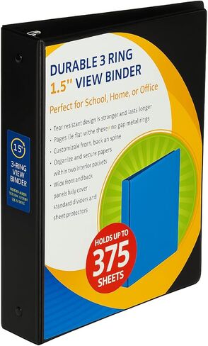 يحمل رابط حلقة 3 حلقة ، و 1.5 بوصة من الحلقات الدائرية ، مثالية للمدرسة والمنزل والمكتب ، ما يصل إلى 375 ورقة من حجم الحروف ، والغطاء الثابت الثقيل ، ومقاومة للماء ، أسود (حزمة واحدة) in Kuwait