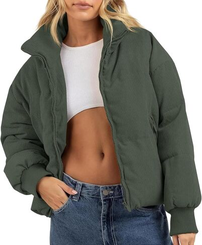 Fisoew Women's Corduroy Quilted Puffer Jackets Long Sleeve Zip Up Stand Winter Down Coat with Pockets in Saudi Arabia