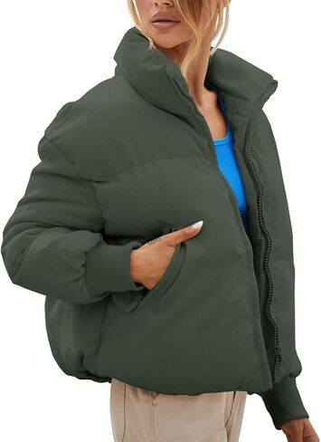 Fisoew Women's Corduroy Quilted Puffer Jackets Long Sleeve Zip Up Stand Winter Down Coat with Pockets in Saudi Arabia
