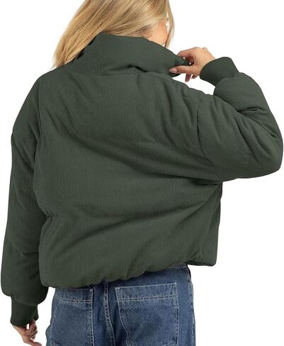 Fisoew Women's Corduroy Quilted Puffer Jackets Long Sleeve Zip Up Stand Winter Down Coat with Pockets in Saudi Arabia