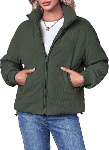 Fisoew Women's Corduroy Quilted Puffer Jackets Long Sleeve Zip Up Stand Winter Down Coat with Pockets in Saudi Arabia