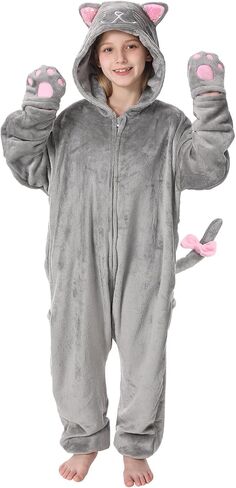 Fleece Zip-Up Hooded Cat Costume for Girls, Halloween Animal Costume for Kids 6-13Years in Saudi Arabia