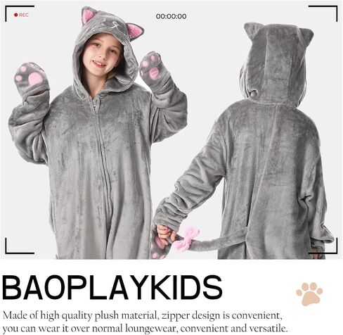 Fleece Zip-Up Hooded Cat Costume for Girls, Halloween Animal Costume for Kids 6-13Years in Saudi Arabia