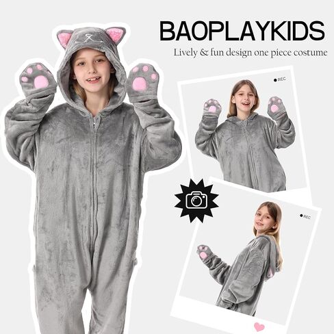 Fleece Zip-Up Hooded Cat Costume for Girls, Halloween Animal Costume for Kids 6-13Years in Saudi Arabia