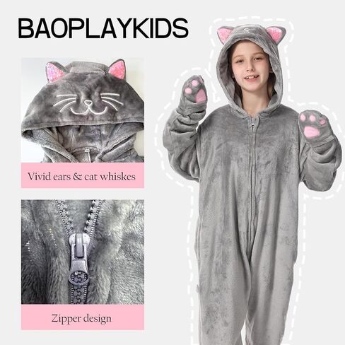 Fleece Zip-Up Hooded Cat Costume for Girls, Halloween Animal Costume for Kids 6-13Years in Saudi Arabia