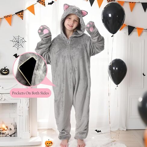 Fleece Zip-Up Hooded Cat Costume for Girls, Halloween Animal Costume for Kids 6-13Years in Saudi Arabia