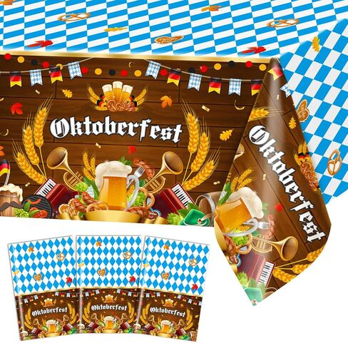 Avezano 3 PCS Oktoberfest tablecloth البلاستيك يمكن التخلص منه 108 × 54 بوصة زخارف أكتوبر الأزرق الأزرق والأبيض مهرجان البيرة الألمانية المائدة المستطيل in Saudi Arabia