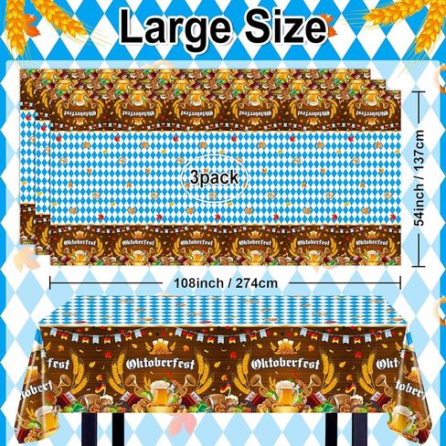 Avezano 3 PCS Oktoberfest tablecloth البلاستيك يمكن التخلص منه 108 × 54 بوصة زخارف أكتوبر الأزرق الأزرق والأبيض مهرجان البيرة الألمانية المائدة المستطيل in Saudi Arabia