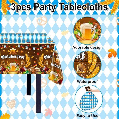 Avezano 3 PCS Oktoberfest tablecloth البلاستيك يمكن التخلص منه 108 × 54 بوصة زخارف أكتوبر الأزرق الأزرق والأبيض مهرجان البيرة الألمانية المائدة المستطيل in Saudi Arabia