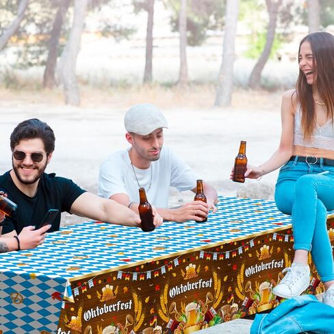 Avezano 3 PCS Oktoberfest tablecloth البلاستيك يمكن التخلص منه 108 × 54 بوصة زخارف أكتوبر الأزرق الأزرق والأبيض مهرجان البيرة الألمانية المائدة المستطيل in Saudi Arabia