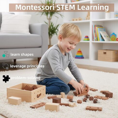 أداة خشبية للأطفال | 32 قطعة مجموعة البناء Montessori مع مربع التخزين | لعبة بناء تعليمية ل 3+ | جودة الإرث تظاهر هدية اللعب in Kuwait