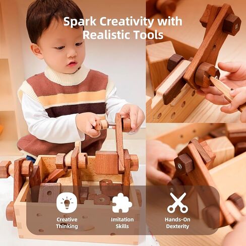 أداة خشبية للأطفال | 32 قطعة مجموعة البناء Montessori مع مربع التخزين | لعبة بناء تعليمية ل 3+ | جودة الإرث تظاهر هدية اللعب in Kuwait