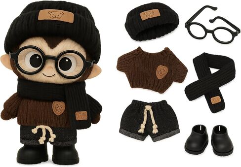 Soulchen 17 cm Doll Clothes Accessories Set(No Doll) Hat Scarf Light Brown Sweater Dark Blue Jeans Glasses and Rubber Shoes Set for 17cm Dolls Accessories Suit Cute Clothes for Dress up in Saudi Arabia