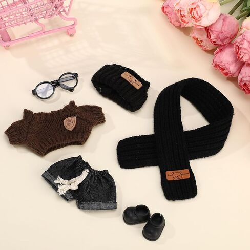 Soulchen 17 cm Doll Clothes Accessories Set(No Doll) Hat Scarf Light Brown Sweater Dark Blue Jeans Glasses and Rubber Shoes Set for 17cm Dolls Accessories Suit Cute Clothes for Dress up in Saudi Arabia