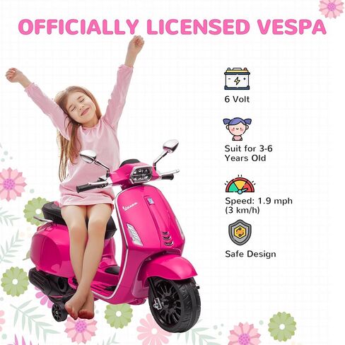 Qaba Vespa Licensed 6V Kids Motorcycle, Kids Electric Bike, Battery-Operated Motorbike with Single Button Start, FM Radio, Music, Headlight, Pink in Saudi Arabia