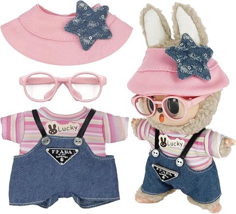 17cm Clothes Set (NO Doll) 4PC Set Hat Glasses Overalls for 17cm Accessories Suit, Doll Clothing for Trendy Blind Box，Cute Clothes for LBB Doll Dress up Unique Style,Free Combination (Love) in Kuwait