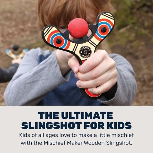 Mischief Maker® Wooden Slingshot - Classic Series - Real Wood Slingshot for Kids, 4 Soft Foam Balls and Storage Bag - Ages 4+ (red) in Kuwait
