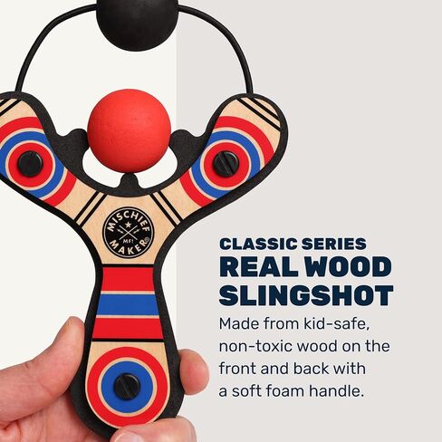 Mischief Maker® Wooden Slingshot - Classic Series - Real Wood Slingshot for Kids, 4 Soft Foam Balls and Storage Bag - Ages 4+ (red) in Kuwait