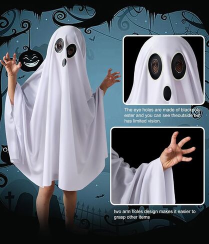 Unisex Boys and Girls Ghost Costume,Halloween Fancy Dress,White Boo Ghost Cloak Cape Cosplay Costume Halloween Costume in Kuwait