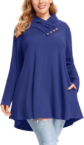 LARACE Cowl Neck Sweatshirts For Women Plus Size Tops With Pockets Long Sleeve Tunic Casual Pullover Button Down Shirt in Kuwait