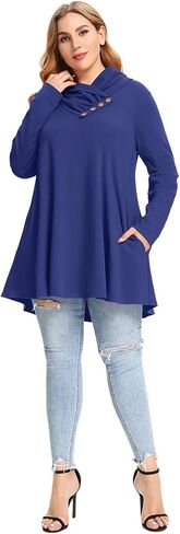 LARACE Cowl Neck Sweatshirts For Women Plus Size Tops With Pockets Long Sleeve Tunic Casual Pullover Button Down Shirt in Kuwait