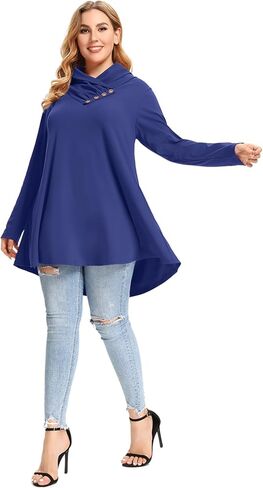 LARACE Cowl Neck Sweatshirts For Women Plus Size Tops With Pockets Long Sleeve Tunic Casual Pullover Button Down Shirt in Kuwait