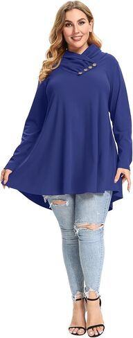 LARACE Cowl Neck Sweatshirts For Women Plus Size Tops With Pockets Long Sleeve Tunic Casual Pullover Button Down Shirt in Kuwait
