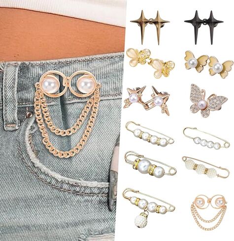 12-Pcs Pant Waist Tightener Set - 7 Sets Adjustable No-Sew Clips & 5 Metal Button Pins for Loose Jeans, Pants, Skirts No-Sew Waist Adjuster Fastener in Saudi Arabia
