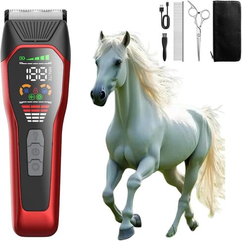 Horse Clippers,Quiet 2-Speed Horse Grooming Clippers,Rechargeable Pet Shaver with Scissors for Matted Long Hair,Cordless Wide-Blade Powerful Horse Trimmer Kit for Thick Coat #066 Red in Kuwait