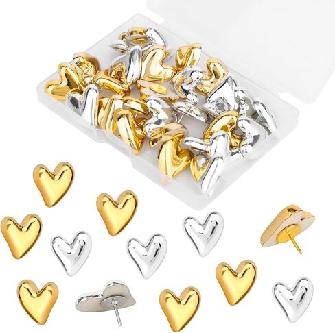 30PCS HEART PUSH PINS ، GOLD & SIVAL THUMB TACKS DICRATITION CUTE DIRNON in Saudi Arabia