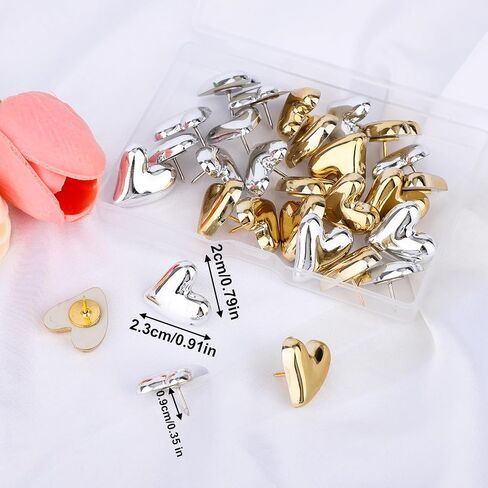 30PCS HEART PUSH PINS ، GOLD & SIVAL THUMB TACKS DICRATITION CUTE DIRNON in Saudi Arabia