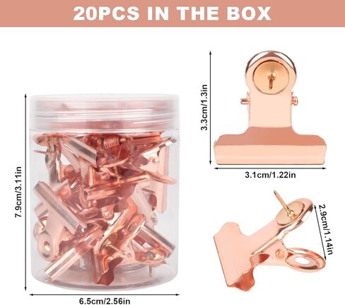 20pcs Metal Push Pin Clips, Heavy Duty Thumb Tacks Bulldog Clips with Pushpin No Hole Cork Board Thumbtack Accessories Bulldog for Wall Photo Poster Decorations Home Office Bulletin Board (Rose Gold) in Saudi Arabia