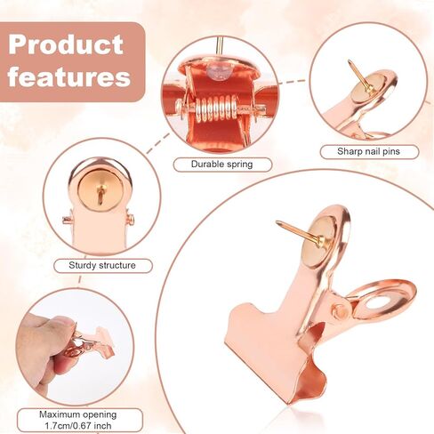 20pcs Metal Push Pin Clips, Heavy Duty Thumb Tacks Bulldog Clips with Pushpin No Hole Cork Board Thumbtack Accessories Bulldog for Wall Photo Poster Decorations Home Office Bulletin Board (Rose Gold) in Saudi Arabia