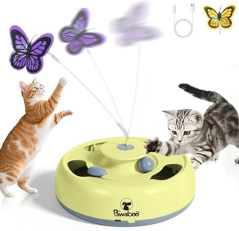 Pawaboo 3-in-1 Automatic Interactive Cat Toy, Electronic Motion Kitten Toy with Fluttering Butterfly Teasers, Track Ball & Random Hide Mouse, USB Rechargeable Cat Teaser Mouse Toys for Indoor Kitties in Kuwait