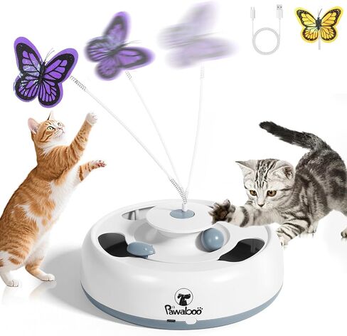 Pawaboo 3-in-1 Automatic Interactive Cat Toy, Electronic Motion Kitten Toy with Fluttering Butterfly Teasers, Track Ball & Random Hide Mouse, USB Rechargeable Cat Teaser Mouse Toys for Indoor Kitties in Kuwait