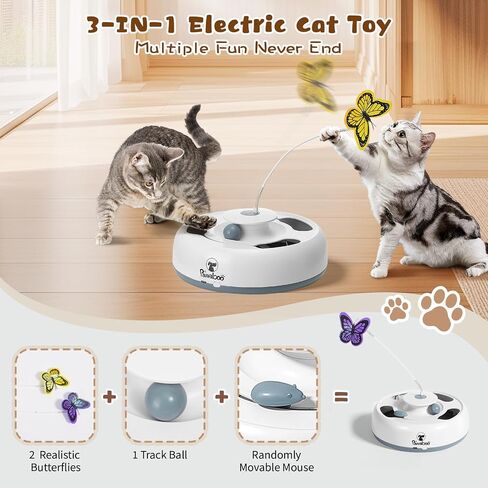 Pawaboo 3-in-1 Automatic Interactive Cat Toy, Electronic Motion Kitten Toy with Fluttering Butterfly Teasers, Track Ball & Random Hide Mouse, USB Rechargeable Cat Teaser Mouse Toys for Indoor Kitties in Kuwait
