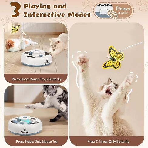 Pawaboo 3-in-1 Automatic Interactive Cat Toy, Electronic Motion Kitten Toy with Fluttering Butterfly Teasers, Track Ball & Random Hide Mouse, USB Rechargeable Cat Teaser Mouse Toys for Indoor Kitties in Kuwait