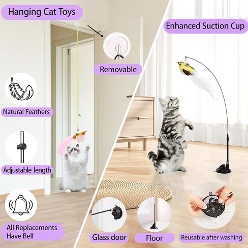 Soarer 3-in-1 Flying Bird Cat Toys-7pcs القطط الخشبية العصرية لعبة الصيد القطب بديل للطيور ، وكوب شفط معزز التفاعل وأبواب معلقة القطط للقطط الداخلي القطط الداخلية القطة الداخلية in Kuwait