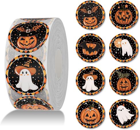 Zawe Halloween Sticker Roll 500pcs 1.5 "Guit Ghosts Evil Pumpkins Self-Defive Round Designs Designe Envelope Seals Label for Fall Party Supplies Deforge Decoration in Kuwait