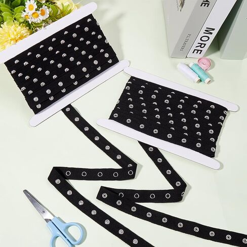 5 Yards White Cotton Fabric Snap Tape Ribbon Metal Hollow Buttons Trim Herringbone Buckle Straps Fastener Eyelet Ring Strips Ribbons for Sewing Making Clothes Garment DIY Craft Supplies in Saudi Arabia
